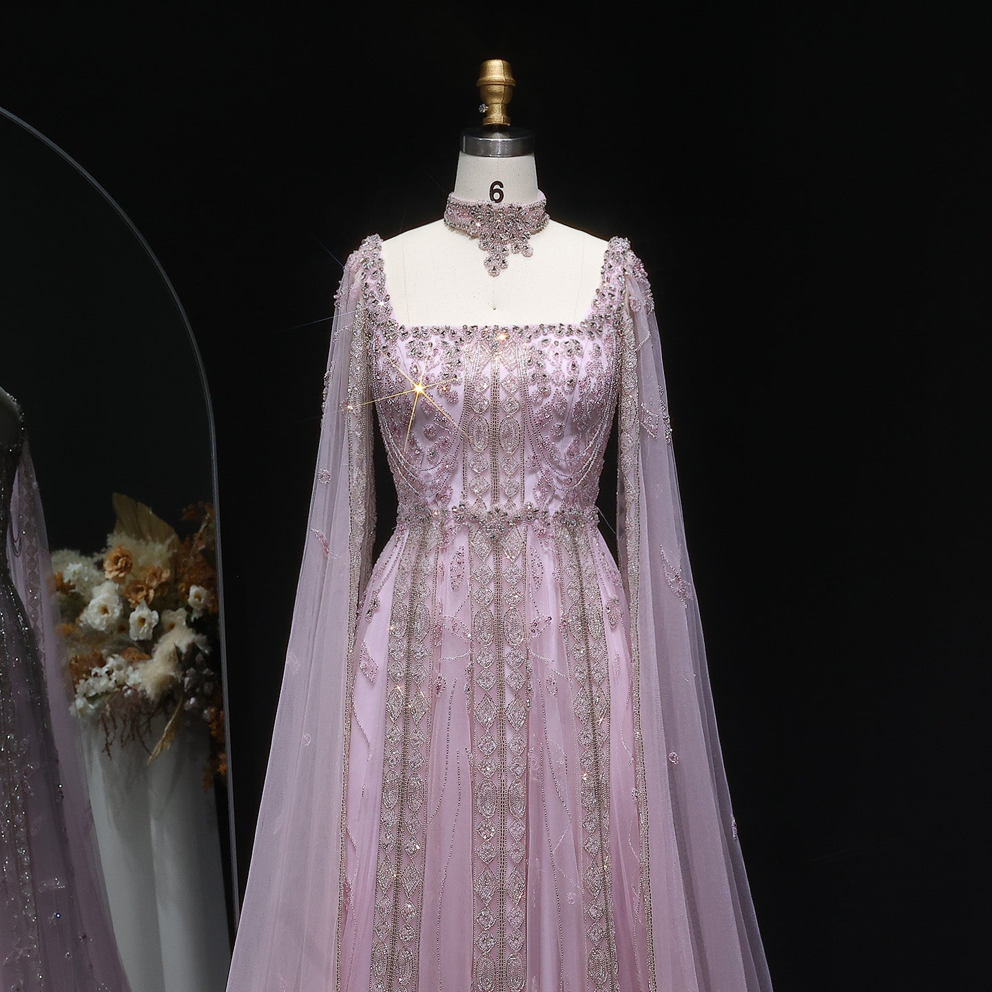 Luxury Nude Evening Dress with Cape Sleeves Chocker SS543