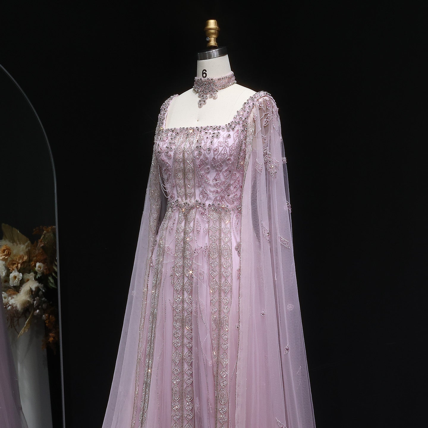 Luxury Nude Evening Dress with Cape Sleeves Chocker SS543