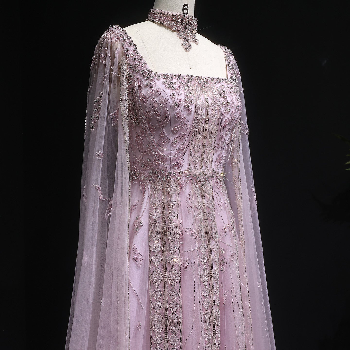 Luxury Nude Evening Dress with Cape Sleeves Chocker SS543