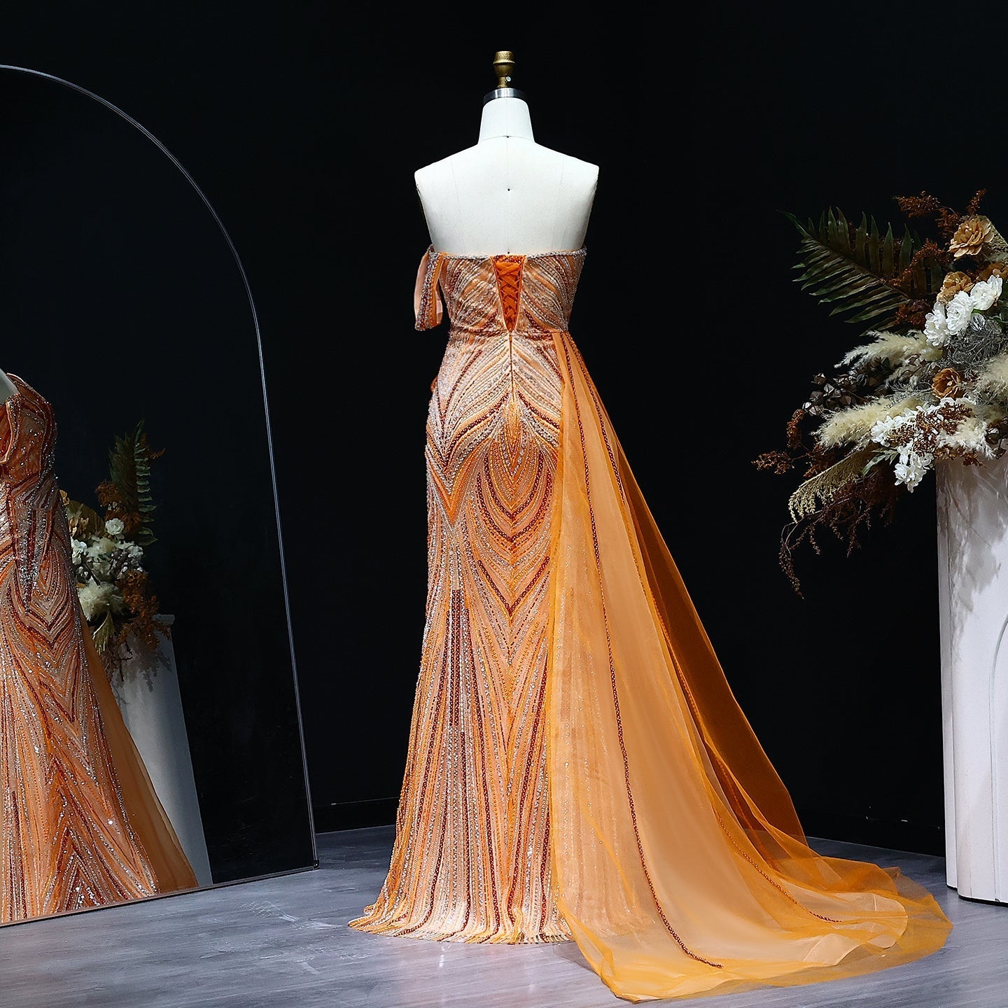 Luxury Orange One Shoulder Evening Dress with Overskirt SS257