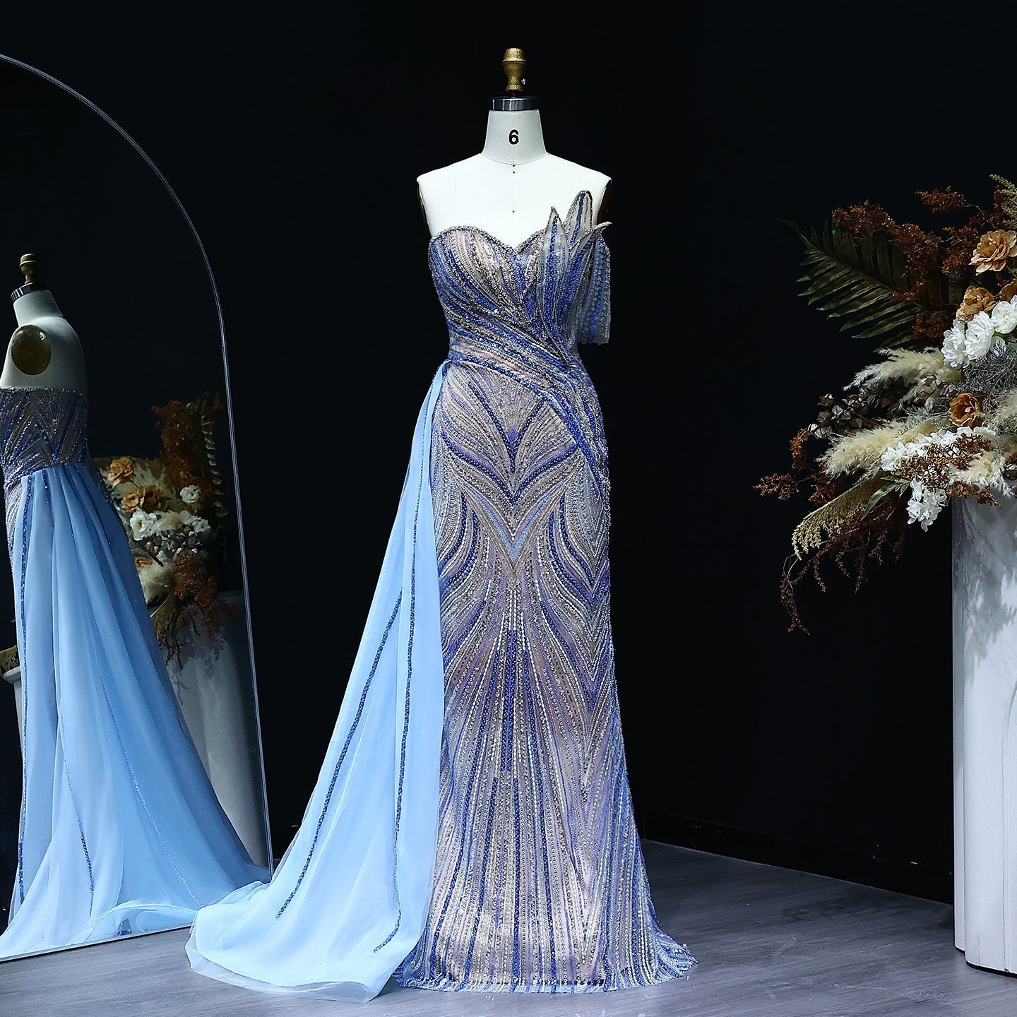 Luxury Orange One Shoulder Evening Dress with Overskirt SS257  Blue / US 16