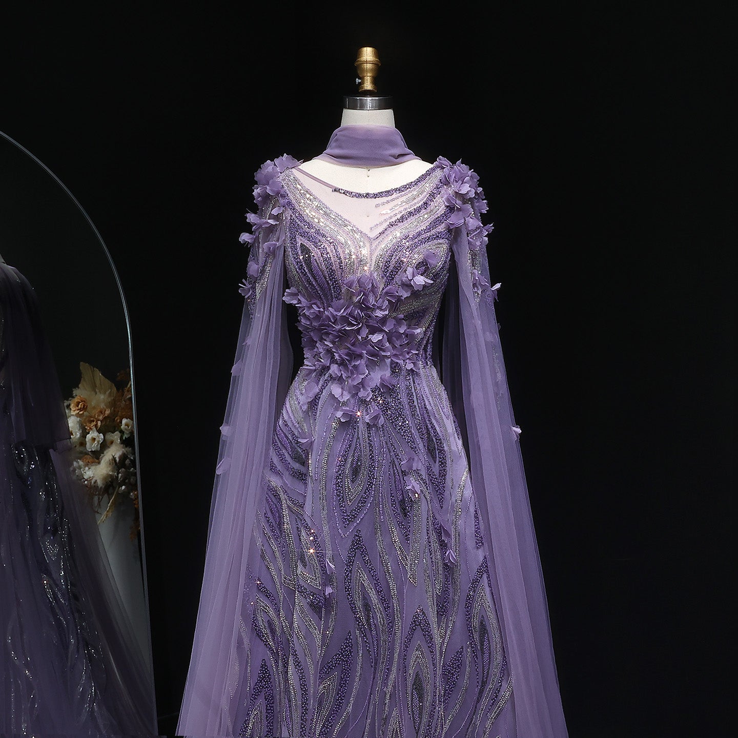 Luxury 3D flowers Purple Beaded Evening Dress with Scarf SS060