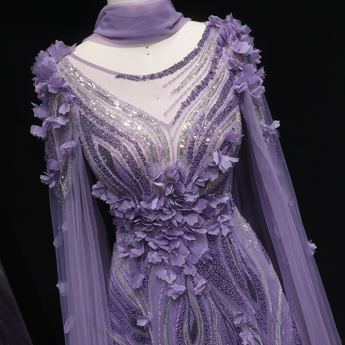 Luxury 3D flowers Purple Beaded Evening Dress with Scarf SS060