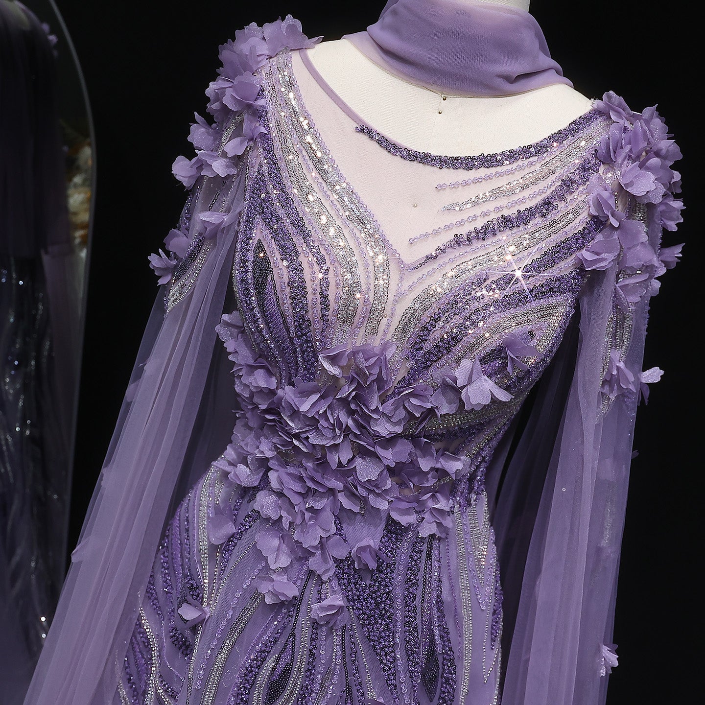 Luxury 3D flowers Purple Beaded Evening Dress with Scarf SS060