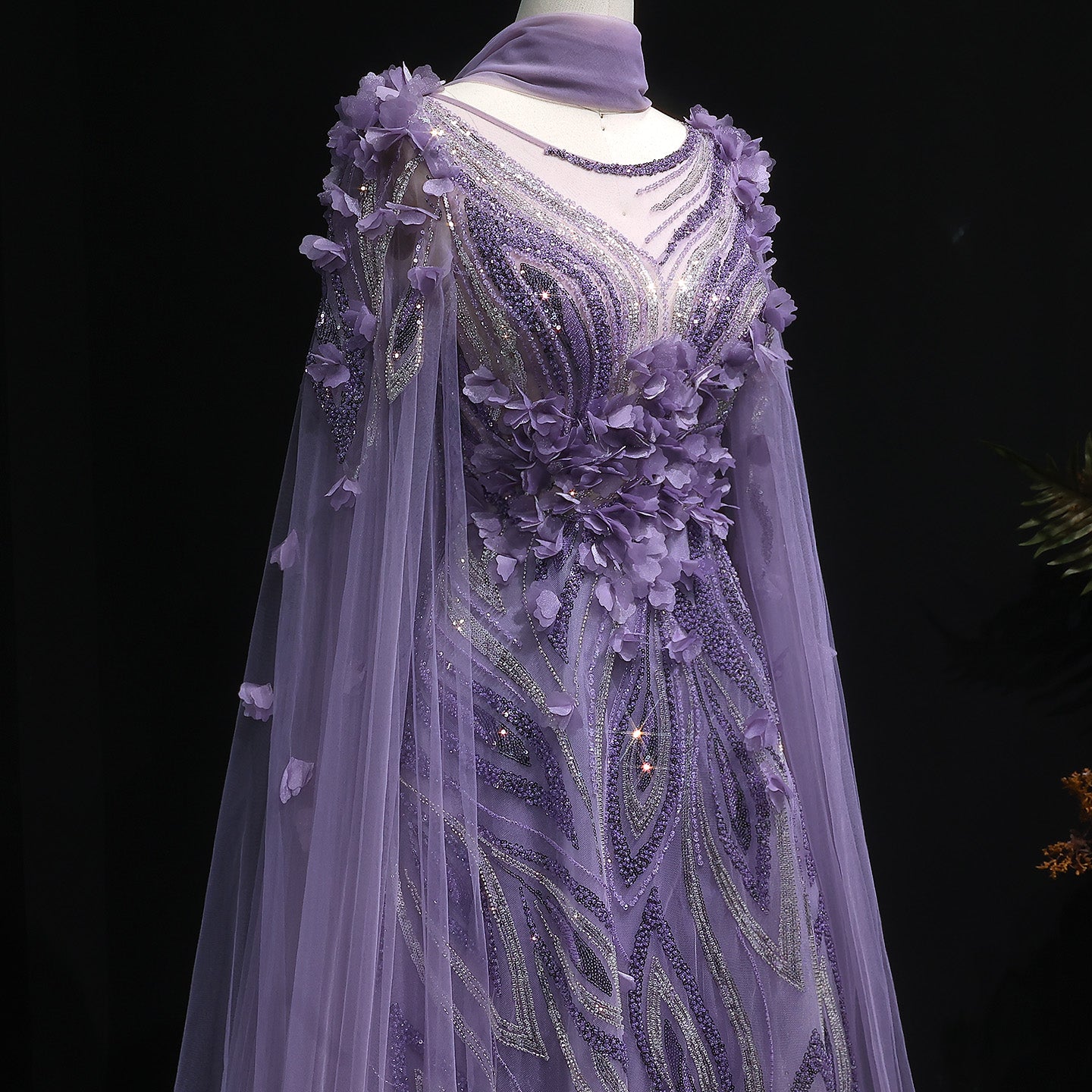 Luxury 3D flowers Purple Beaded Evening Dress with Scarf SS060