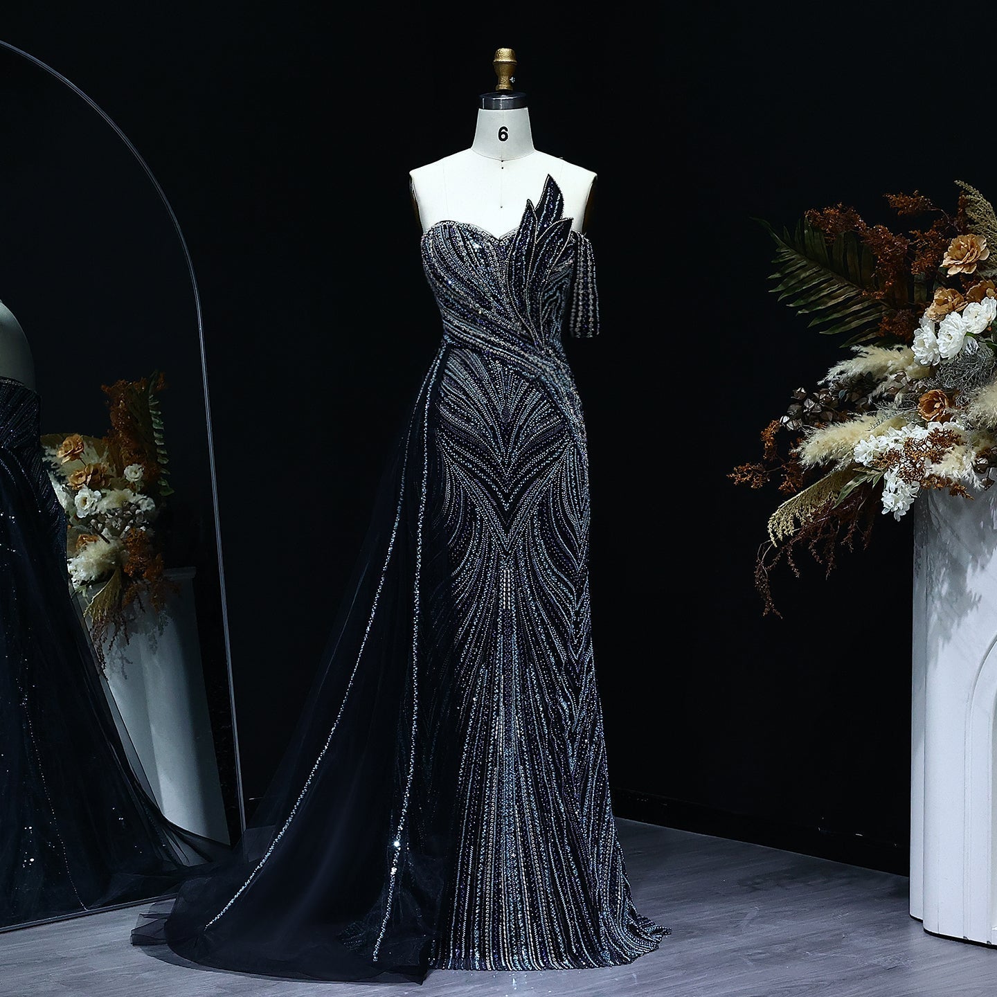 Luxury Orange One Shoulder Evening Dress with Overskirt SS257  Black / US 16