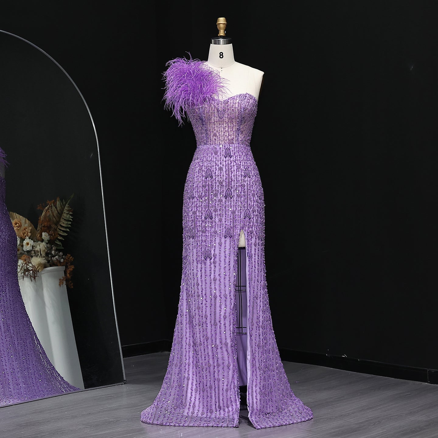 Luxury Feathers Crystal Lilac Evening Dress with Slit SS114