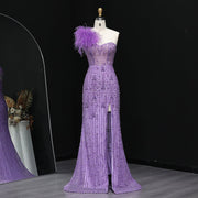 Luxury Feathers Crystal Lilac Evening Dress with Slit SS114