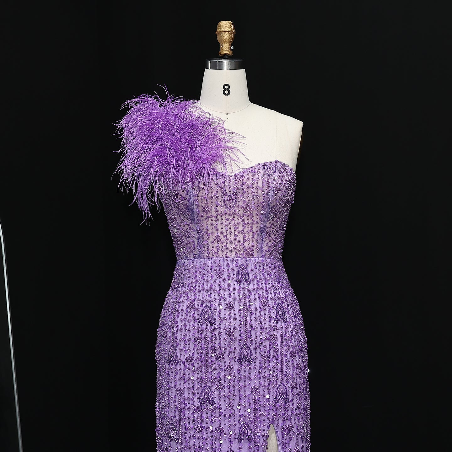 Luxury Feathers Crystal Lilac Evening Dress with Slit SS114