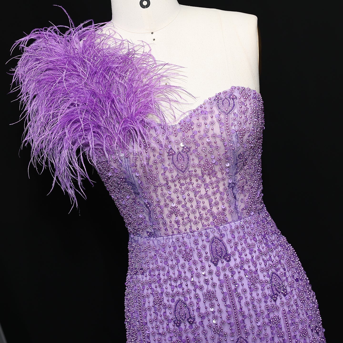 Luxury Feathers Crystal Lilac Evening Dress with Slit SS114