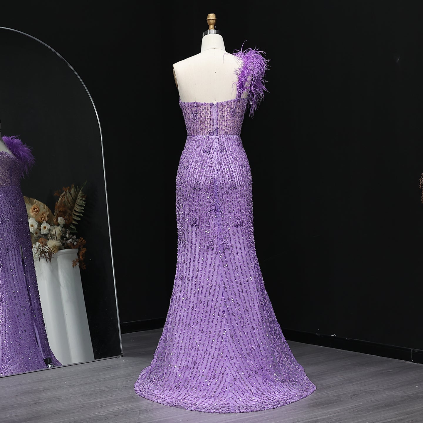 Luxury Feathers Crystal Lilac Evening Dress with Slit SS114