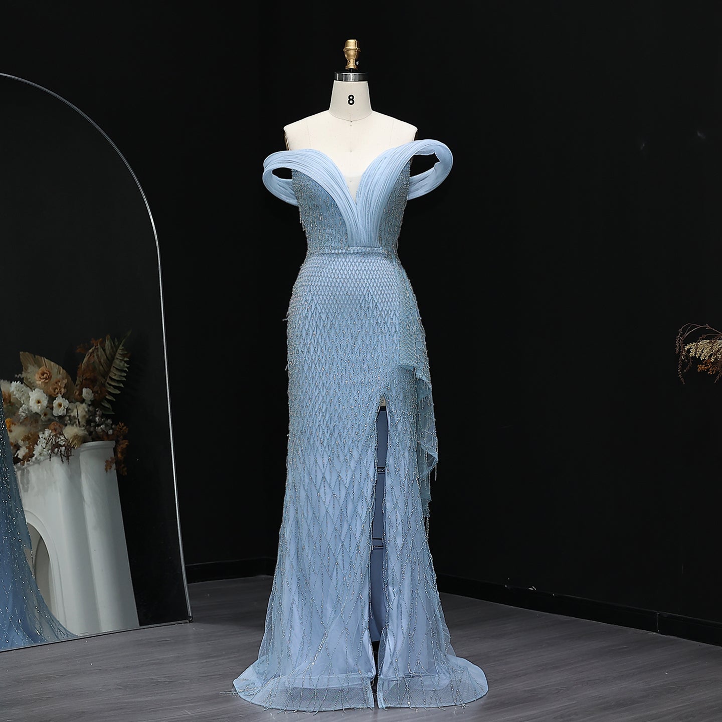 Elegant Crystal Off Shoulder Blue Evening Dress with Slit  SS115