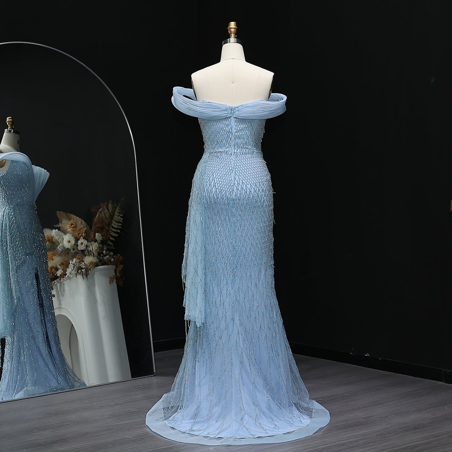 Elegant Crystal Off Shoulder Blue Evening Dress with Slit  SS115