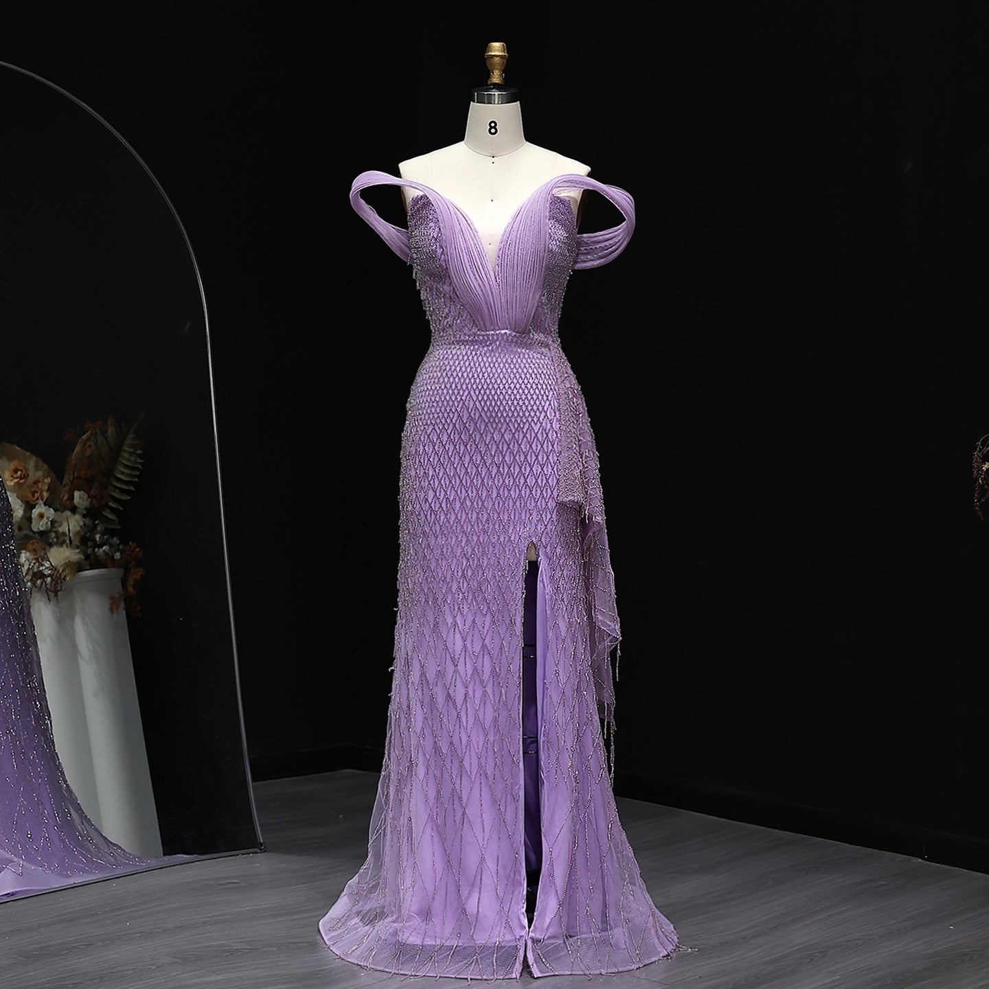 Elegant Crystal Off Shoulder Blue Evening Dress with Slit  SS115