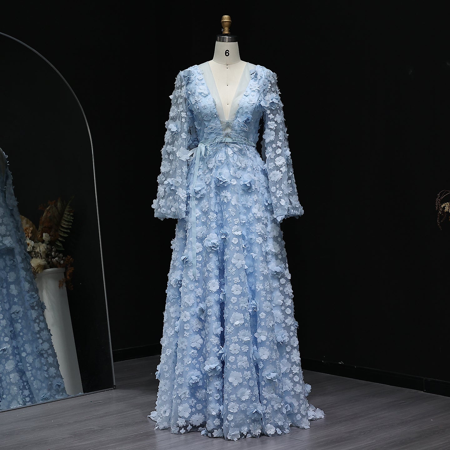 Arabic Peach-Pink 3D Flowers Long Sleeves Evening Dresses SS295  Blue / US 20