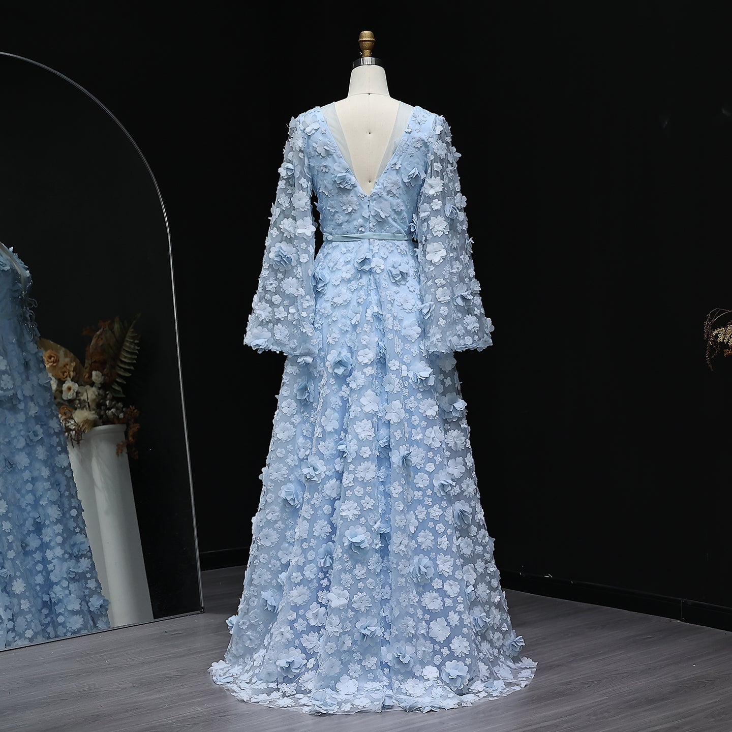 Arabic Peach-Pink 3D Flowers Long Sleeves Evening Dresses SS295