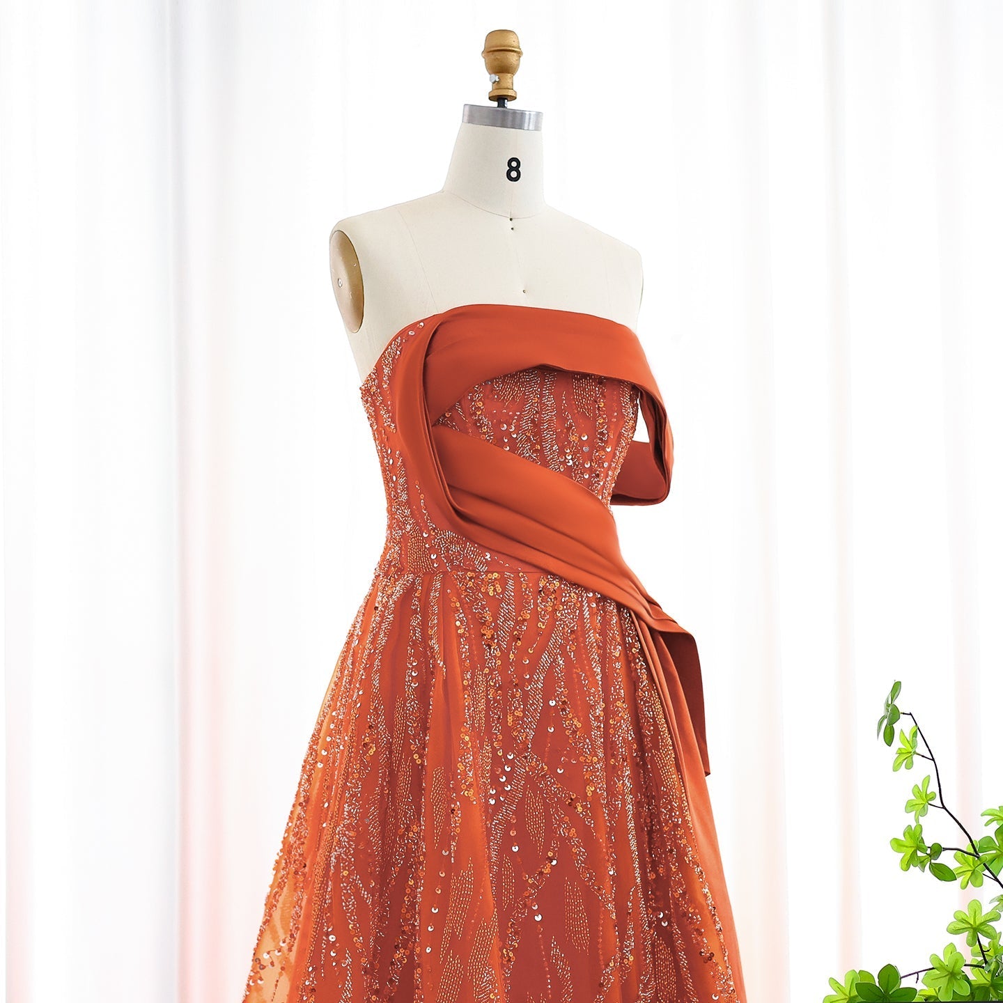 Elegant Beaded Orange Off Shoulder Evening Dress SS571