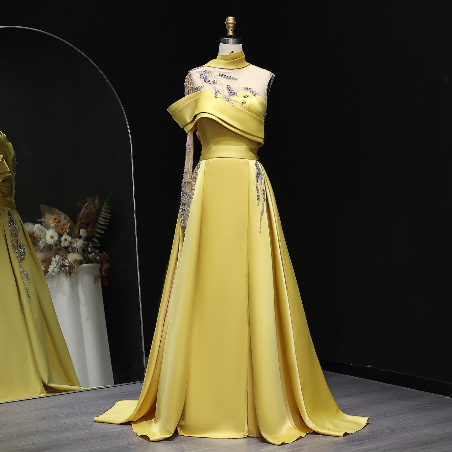 Elegant Gold Yellow Satin Arabic Evening Dress with Overskirt SS302  Yellow / US 16