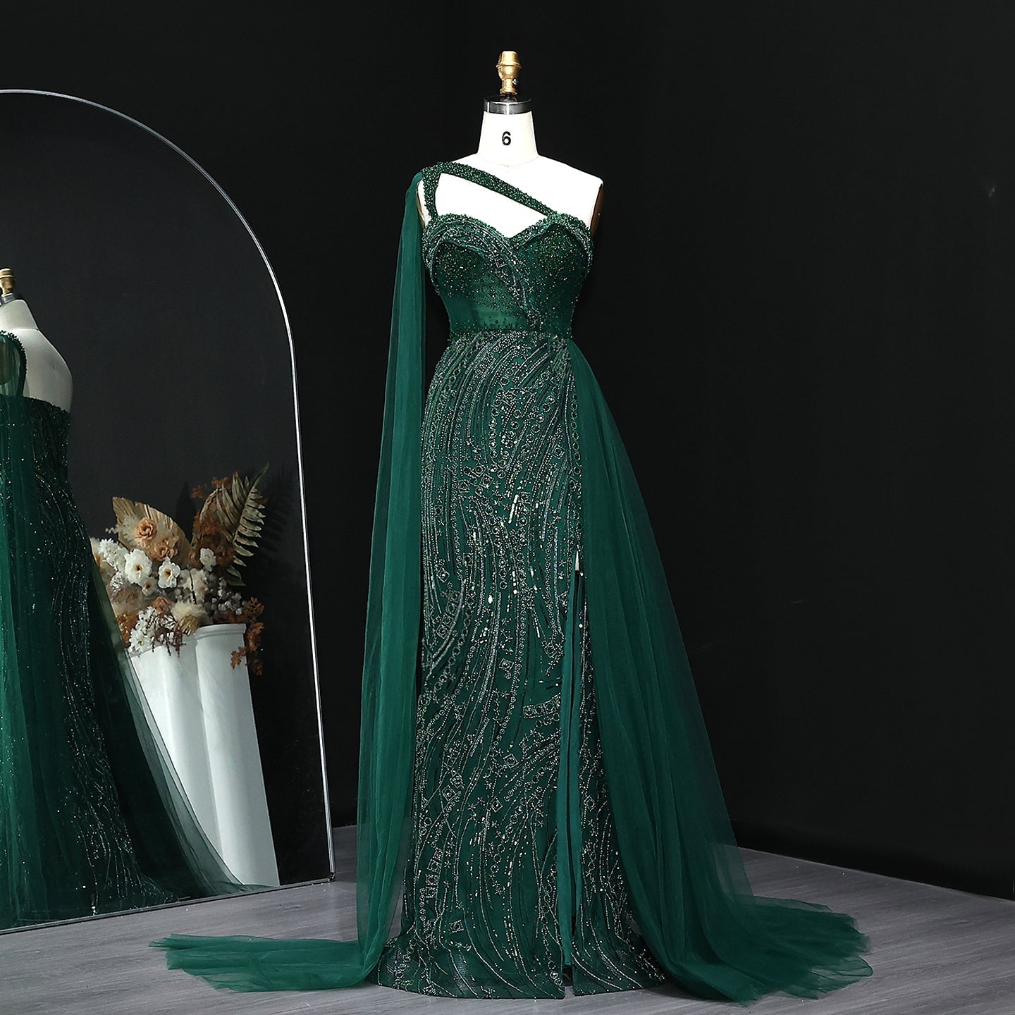 Burgundy One Shoulder Mermaid Evening Dress with Cape Overskirt SS129  Green / US 20