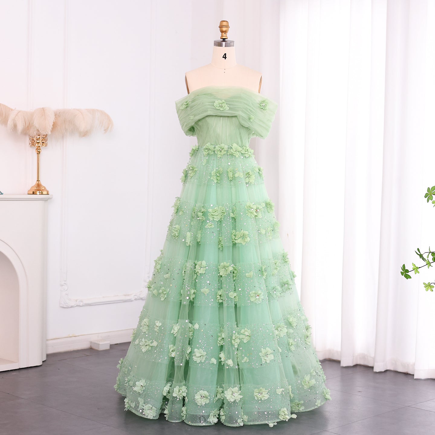 Luxury Sage Green 3D Flowers Dubai Evening Dress with Cape SS346