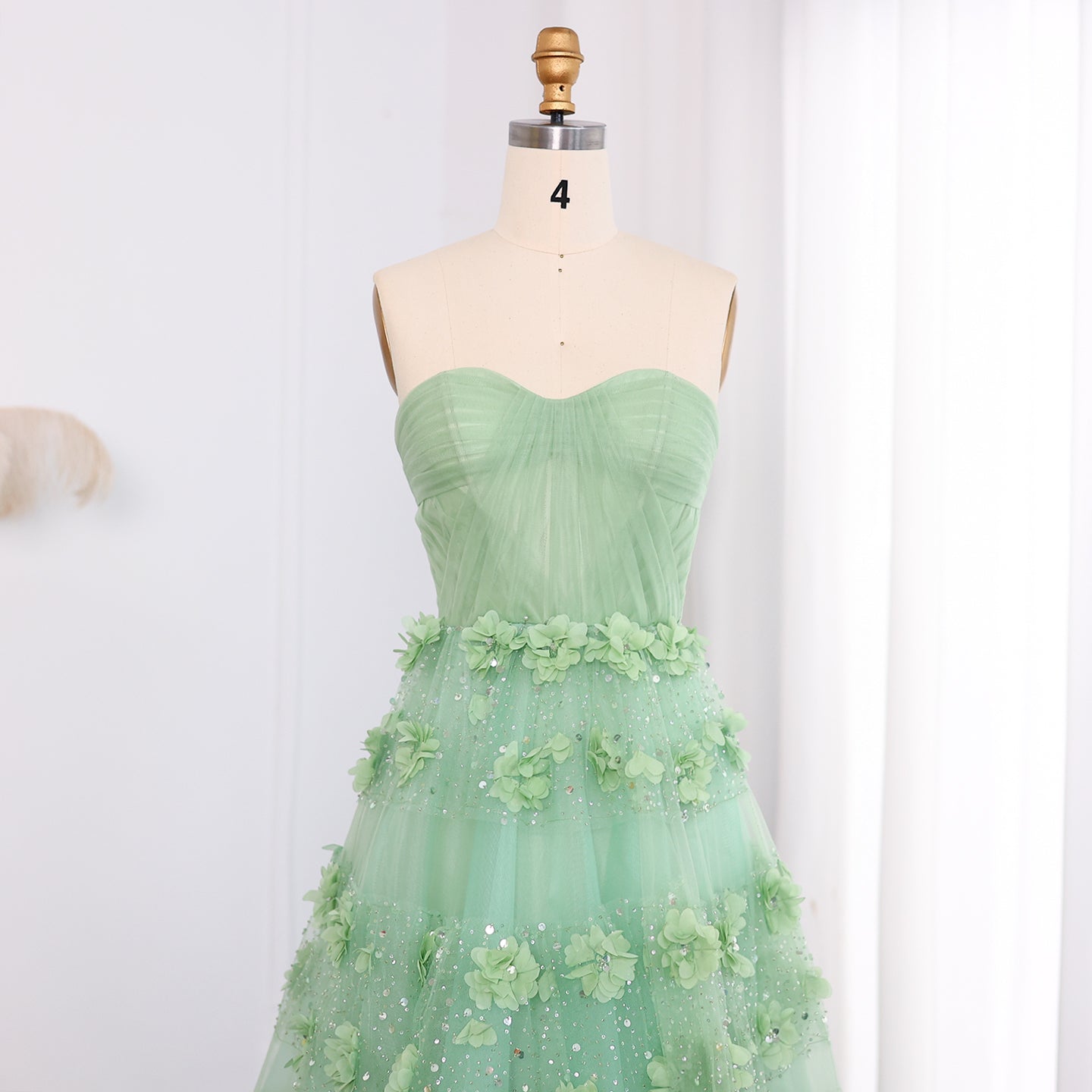 Luxury Sage Green 3D Flowers Dubai Evening Dress with Cape SS346