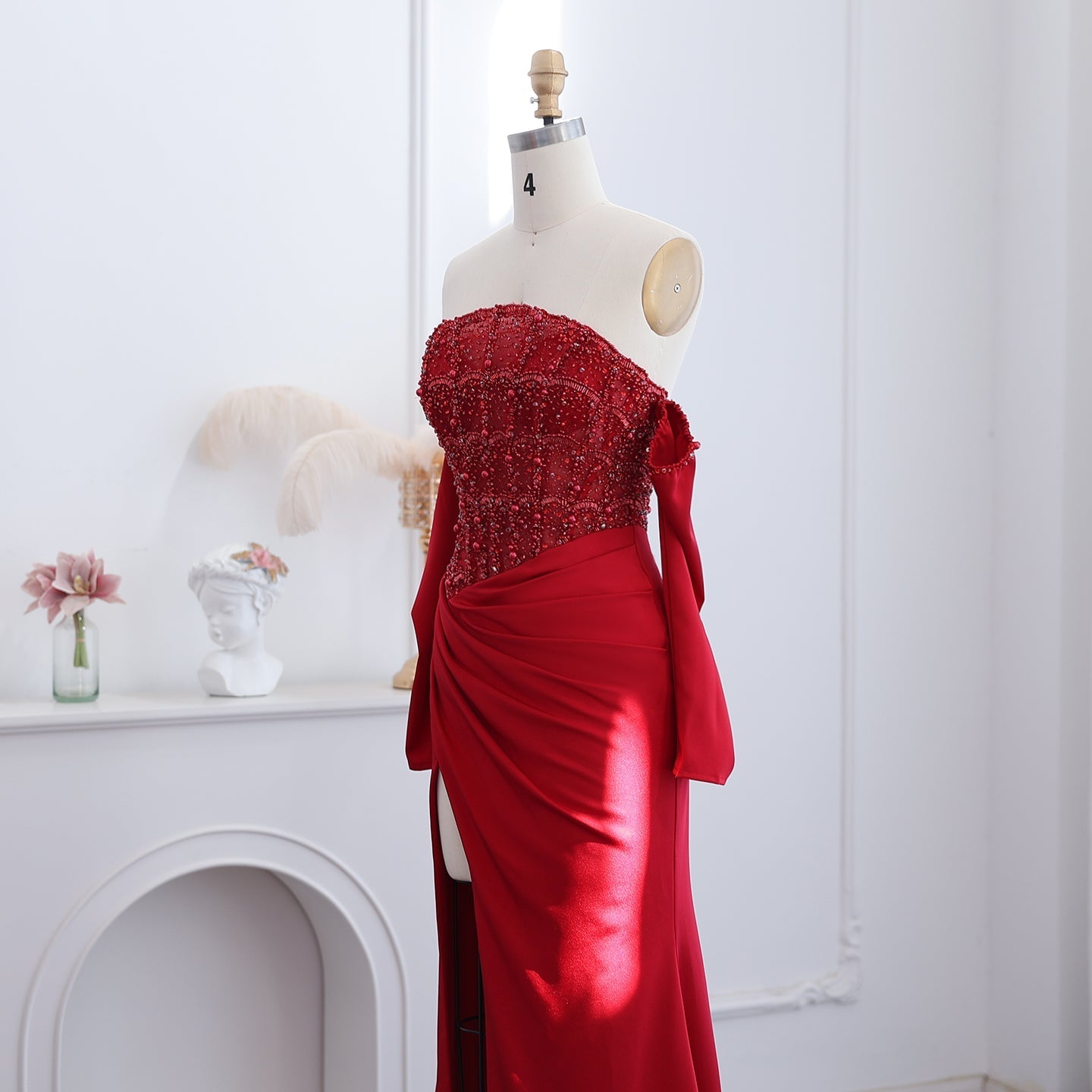 Luxury White Scalloped Evening Dress with High Slit SS416