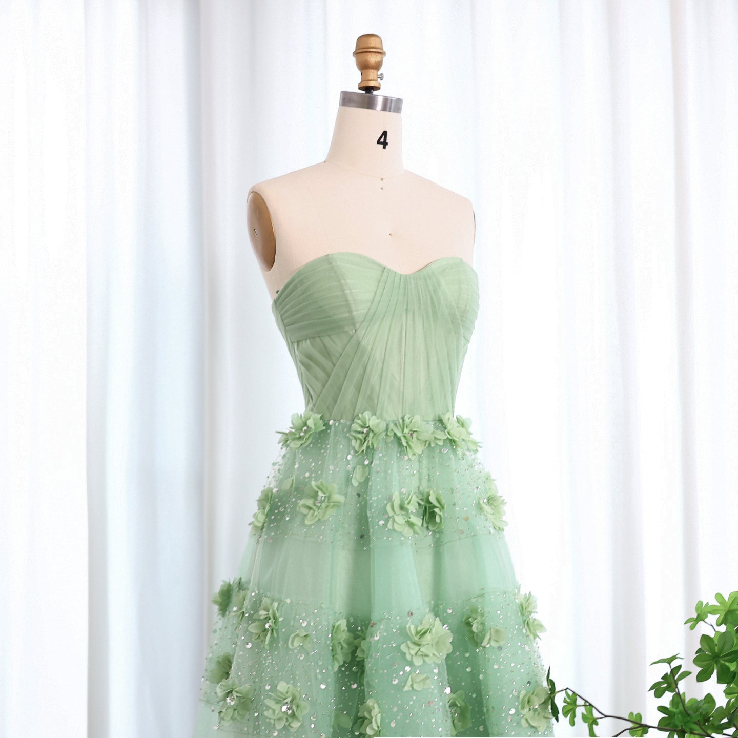 Luxury Sage Green 3D Flowers Dubai Evening Dress with Cape SS346