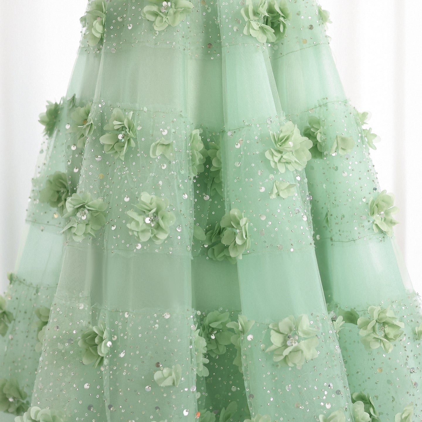 Luxury Sage Green 3D Flowers Dubai Evening Dress with Cape SS346