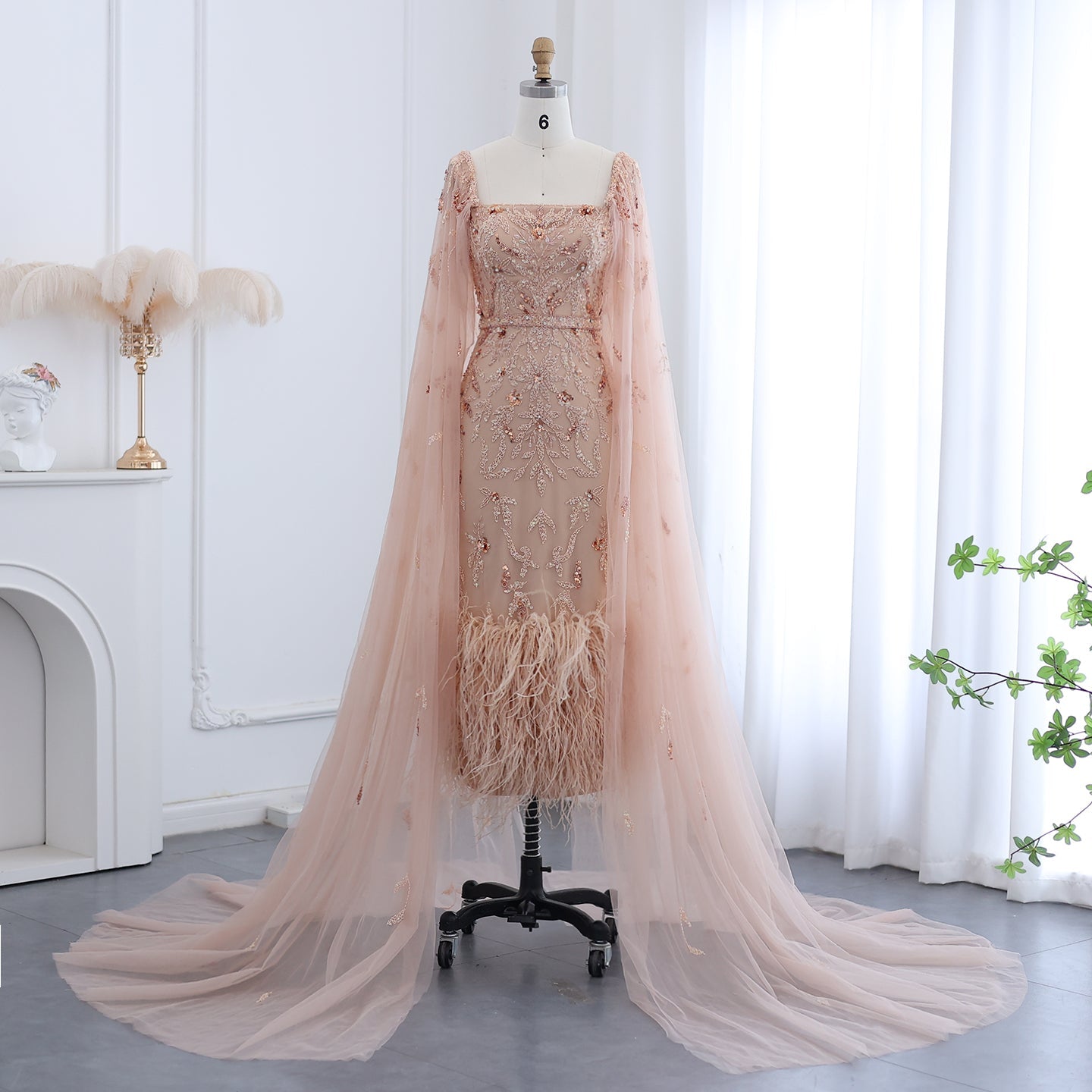 Luxury Feathers Lilac Evening Dress with Cape Sleeves SS381  Nude Pink / US 10