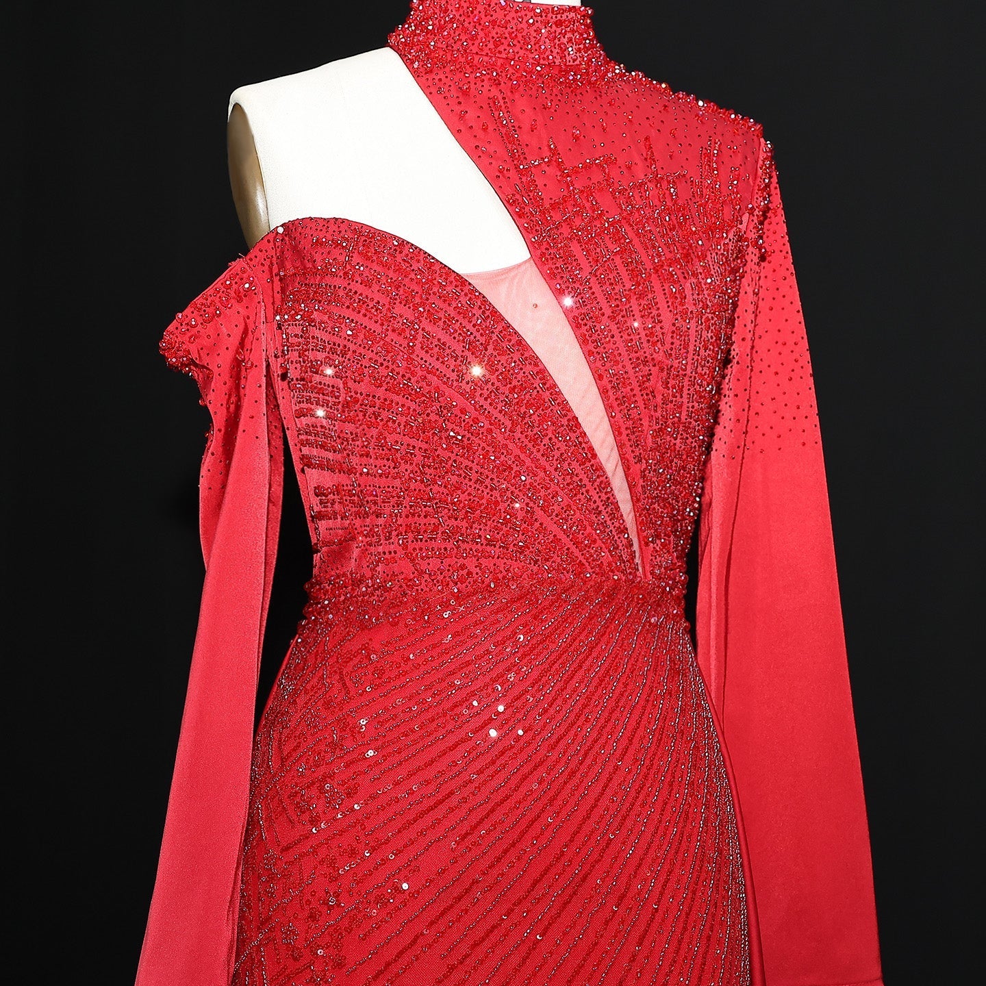 Luxury Red Long Sleeves Evening Dress with Overskirt SS019