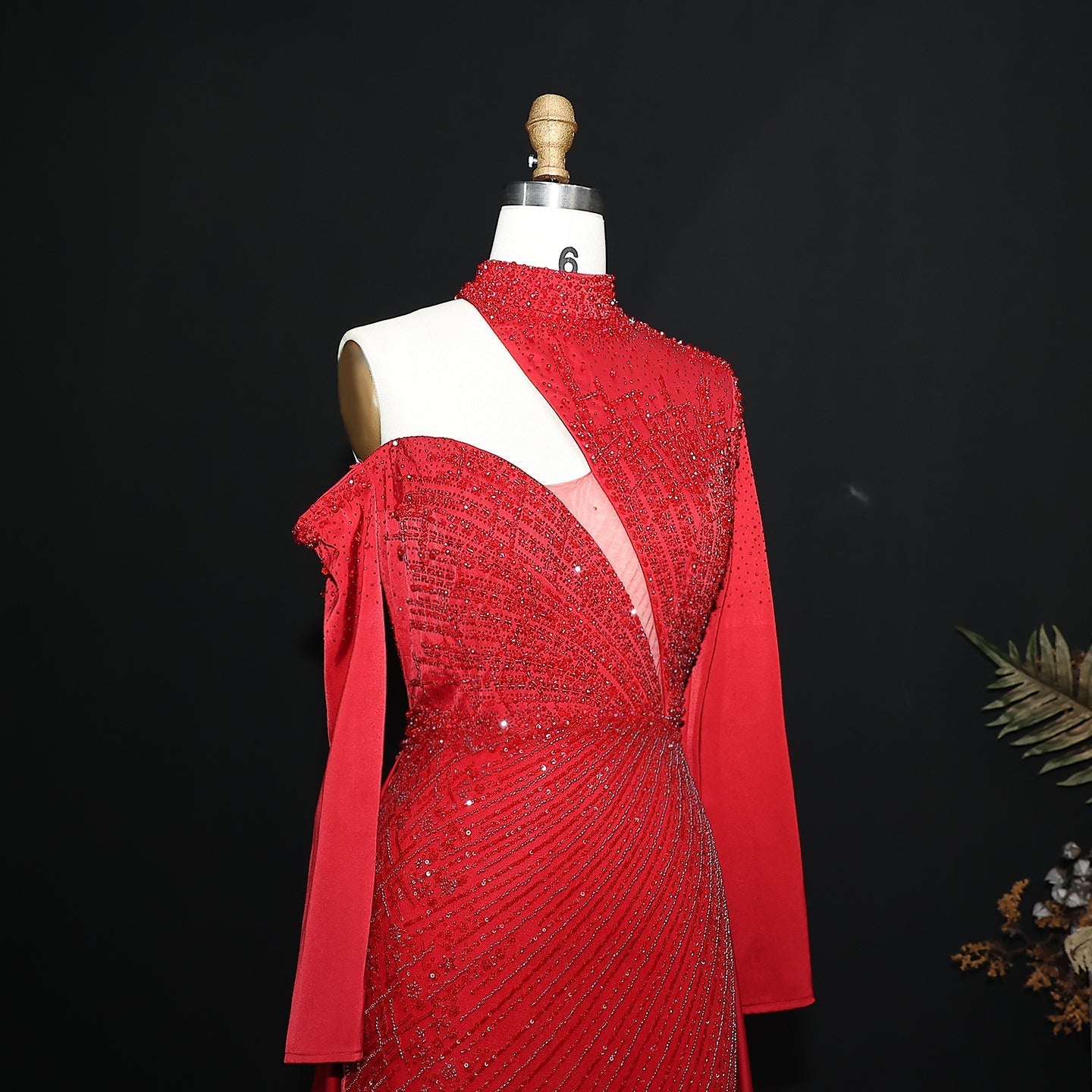 Luxury Red Long Sleeves Evening Dress with Overskirt SS019