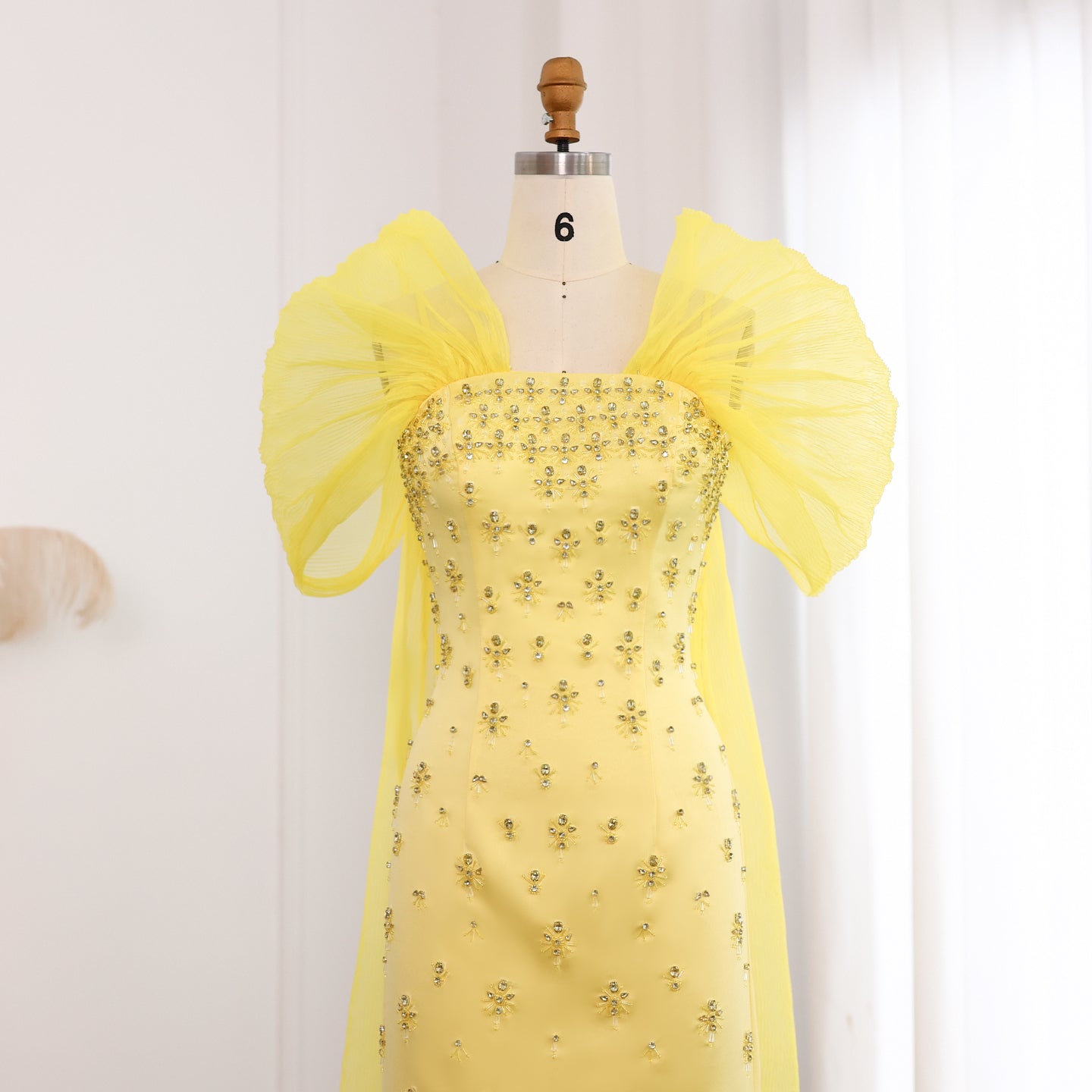 Luxury Beaded Yellow Evening Dress with Cape SS570