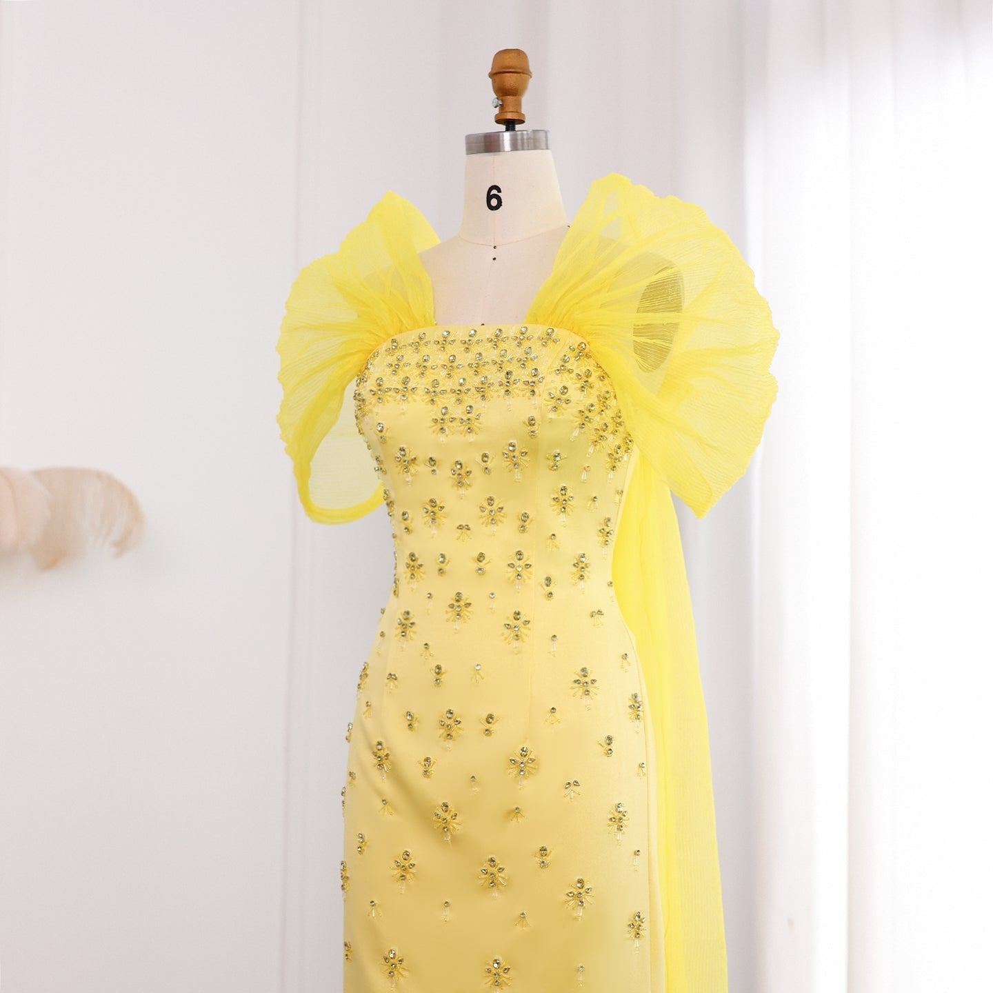 Luxury Beaded Yellow Evening Dress with Cape SS570