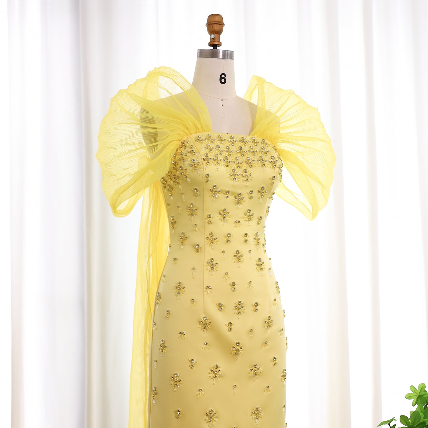 Luxury Beaded Yellow Evening Dress with Cape SS570