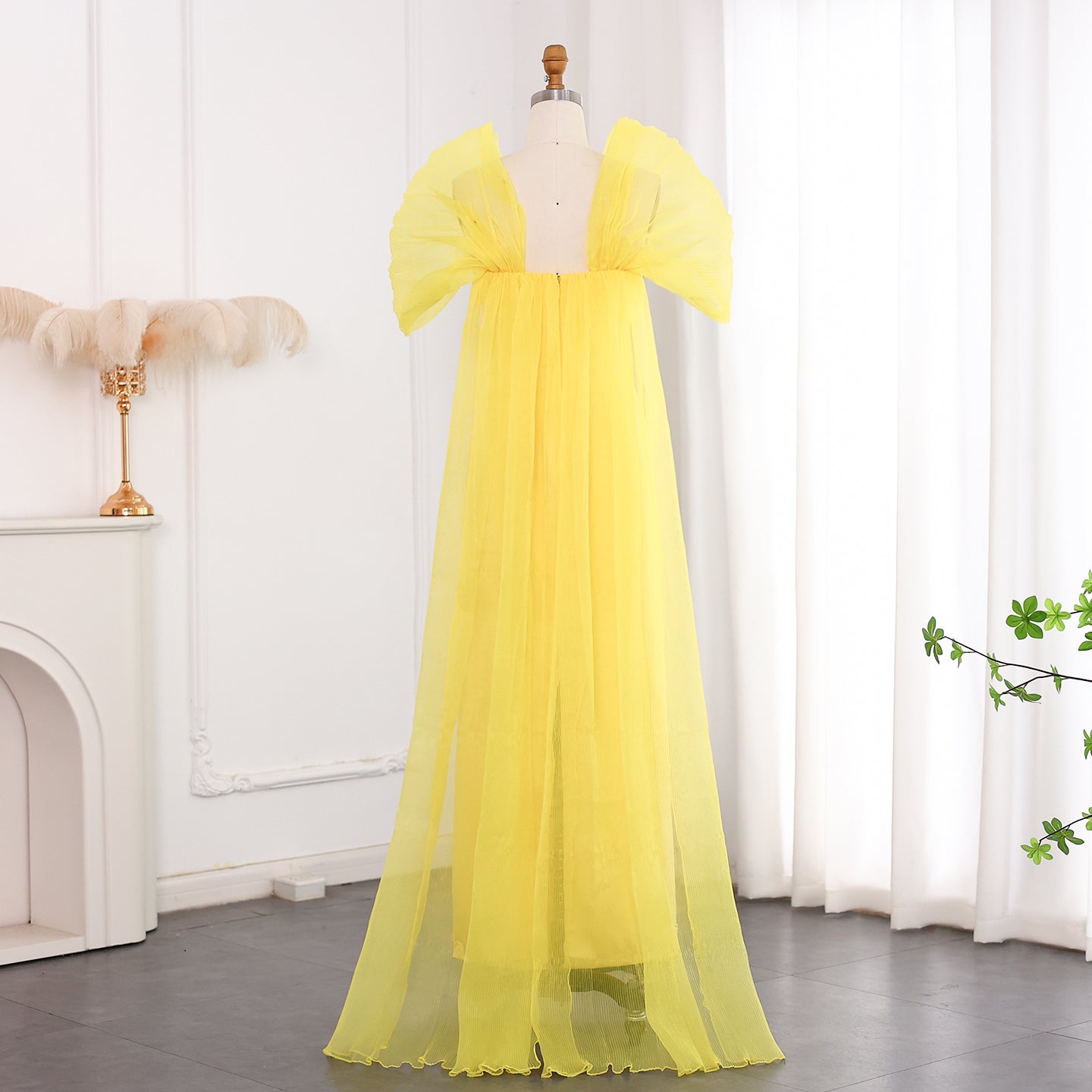 Luxury Beaded Yellow Evening Dress with Cape SS570