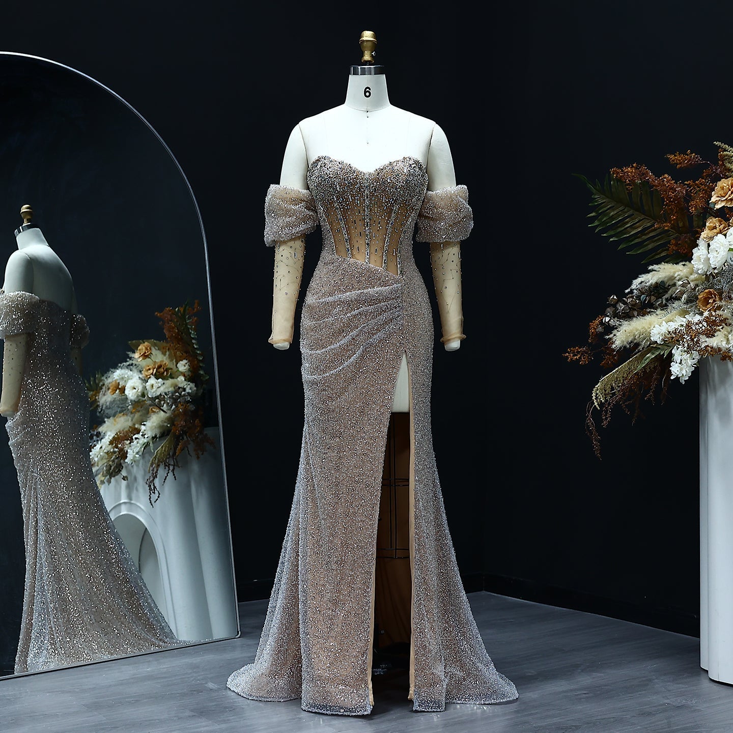 Luxury Crystal Silver Evening Dress with Sleeves Slit SS426  Caramel / US 16