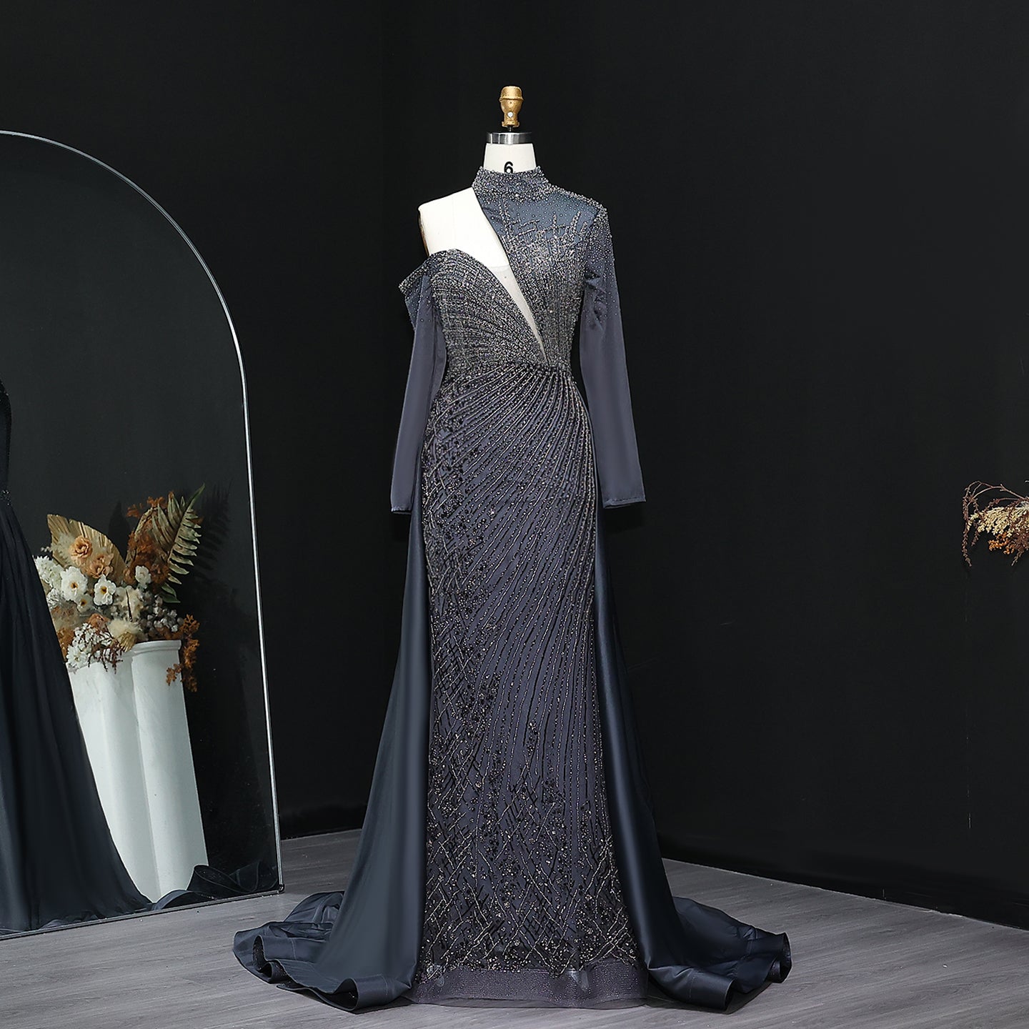 Luxury Red Long Sleeves Evening Dress with Overskirt SS019  Gray / US 18