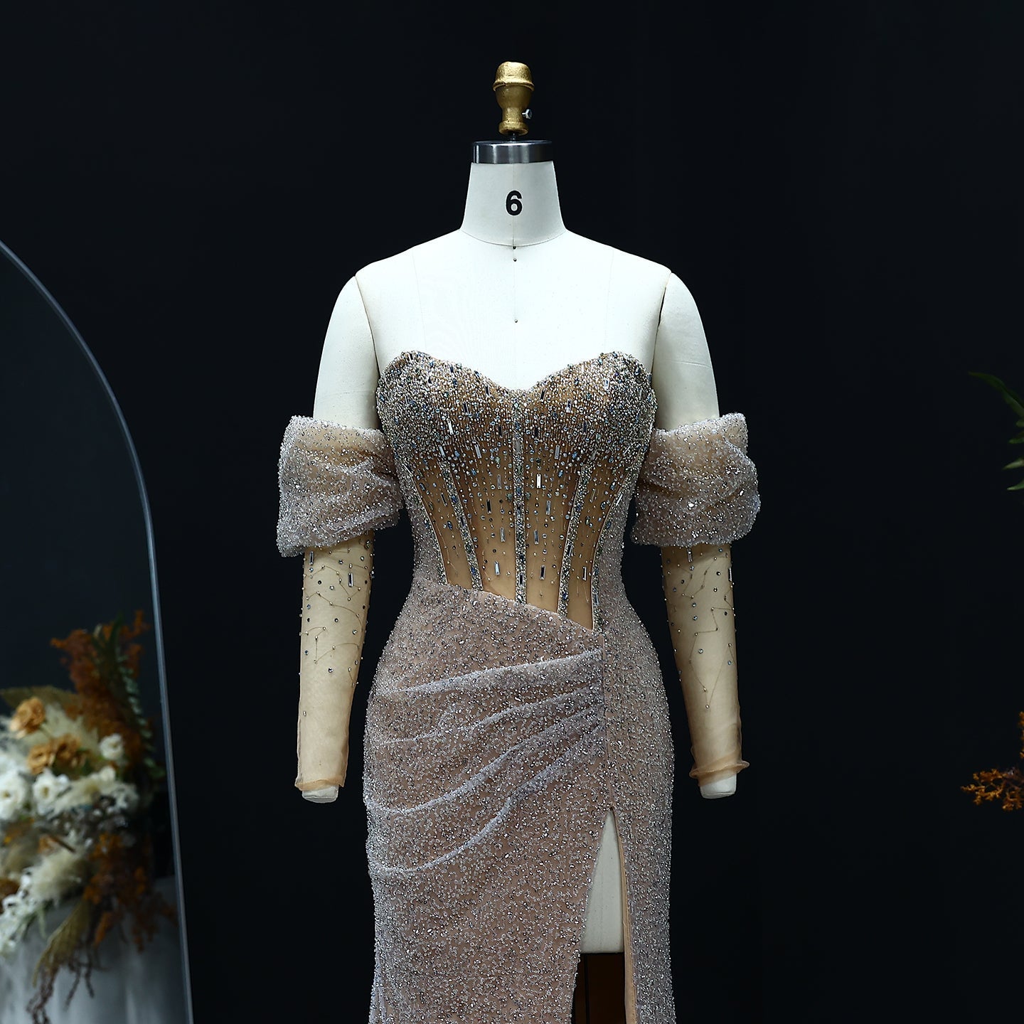 Luxury Crystal Silver Evening Dress with Sleeves Slit SS426