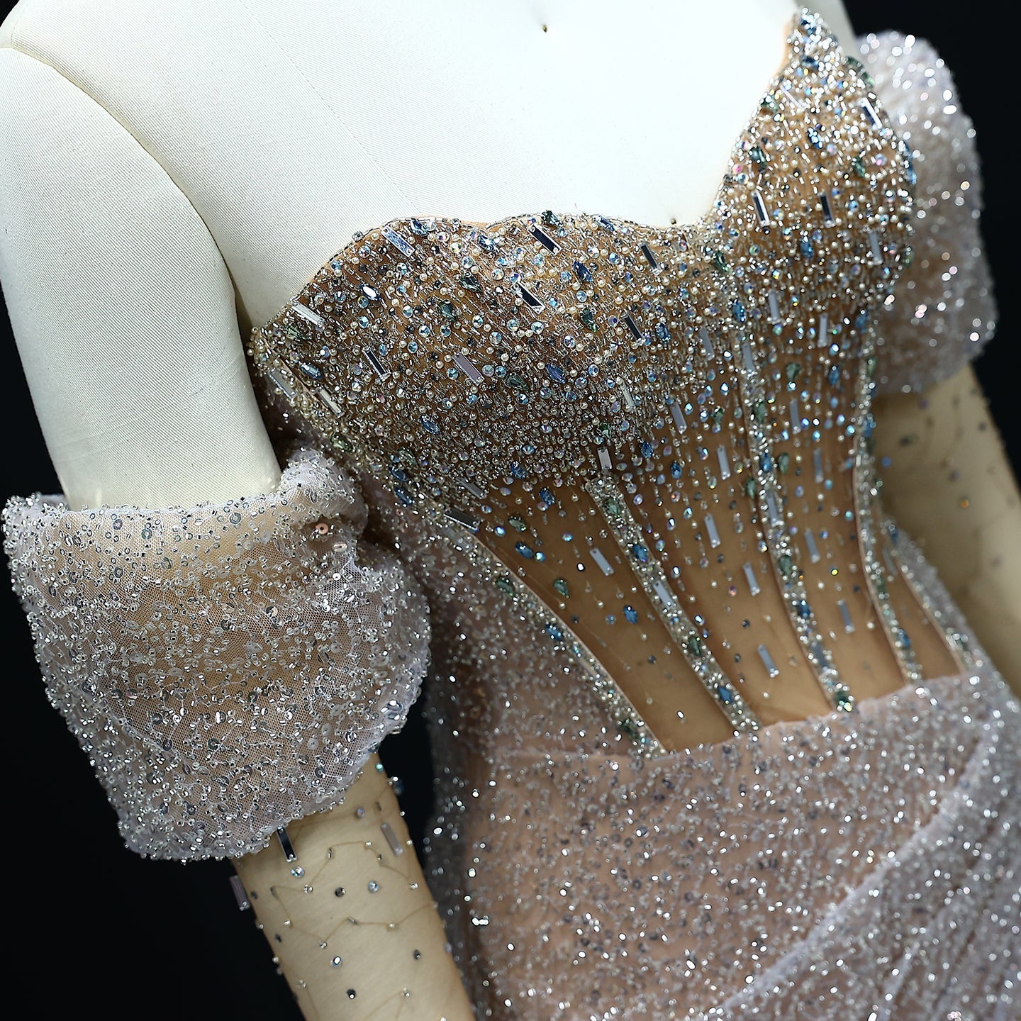 Luxury Crystal Silver Evening Dress with Sleeves Slit SS426