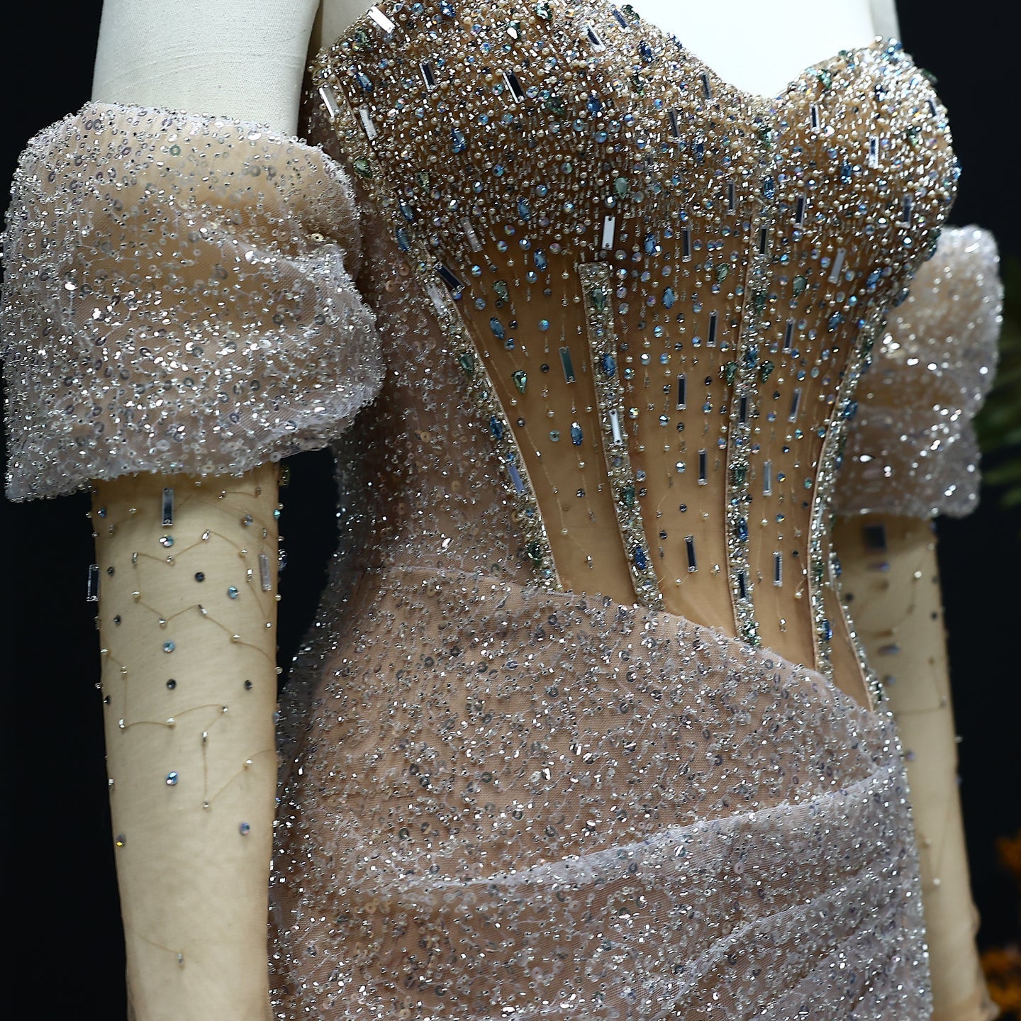 Luxury Crystal Silver Evening Dress with Sleeves Slit SS426