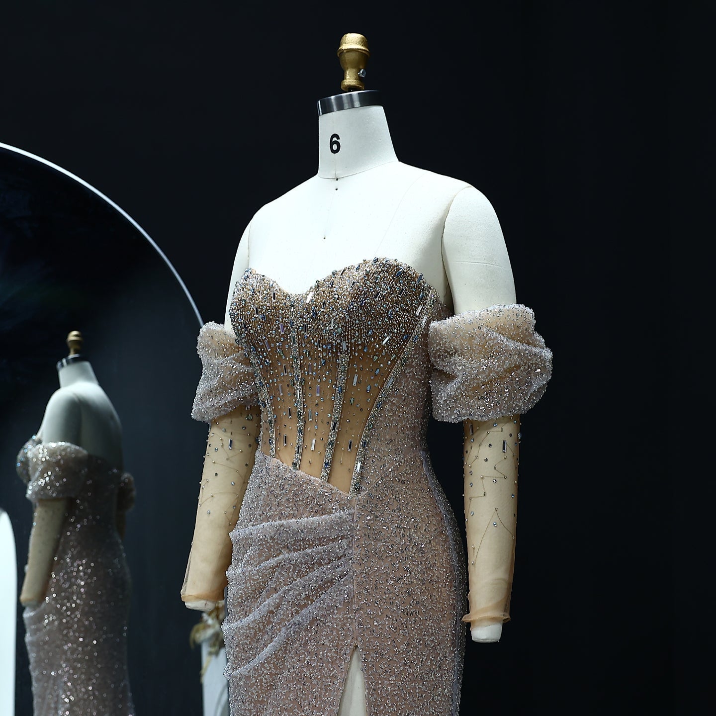 Luxury Crystal Silver Evening Dress with Sleeves Slit SS426