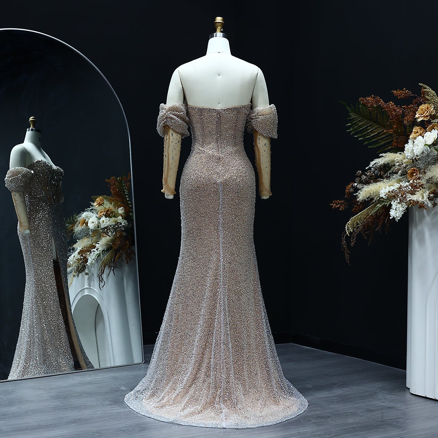 Luxury Crystal Silver Evening Dress with Sleeves Slit SS426