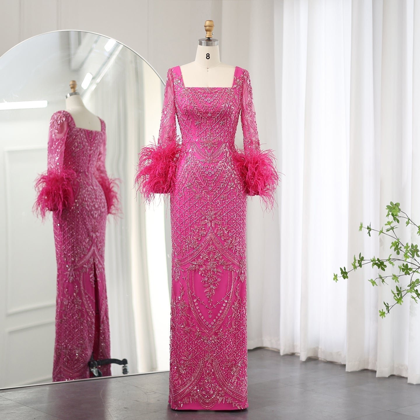 Luxury Fuchsia Long Sleeves Feathers Evening Dresses SS239  Fuchsia / US 16