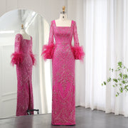 Luxury Fuchsia Long Sleeves Feathers Evening Dresses SS239  Fuchsia / US 16