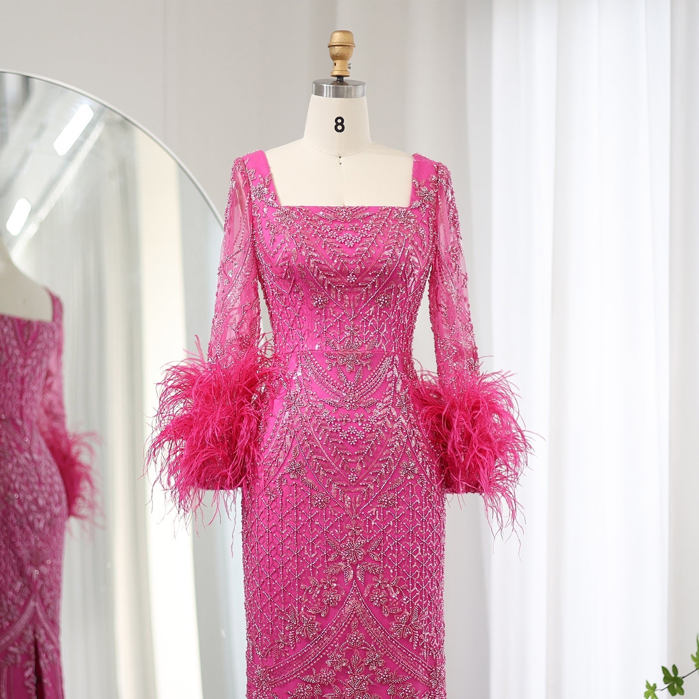 Luxury Fuchsia Long Sleeves Feathers Evening Dresses SS239