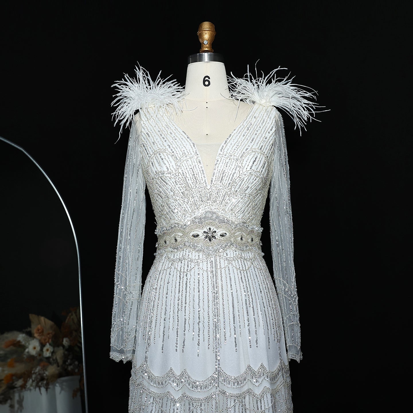 Luxury Feathers Lilac Long Sleeves Evening Dress SS018