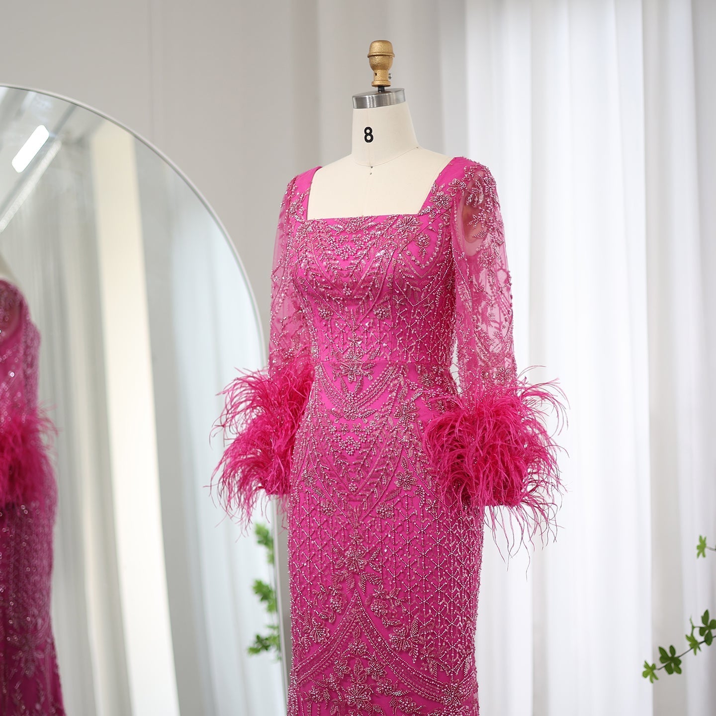 Luxury Fuchsia Long Sleeves Feathers Evening Dresses SS239