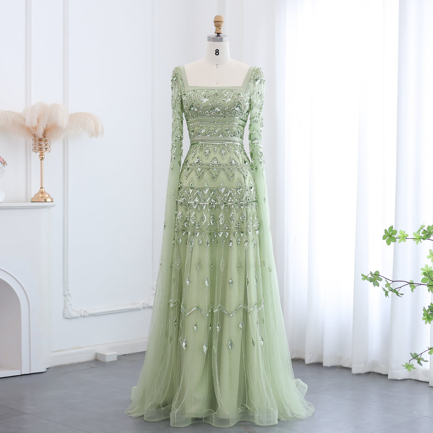 Luxury Wine Red Evening Dress with Cape Sleeves SS461  Sage Green / US 20