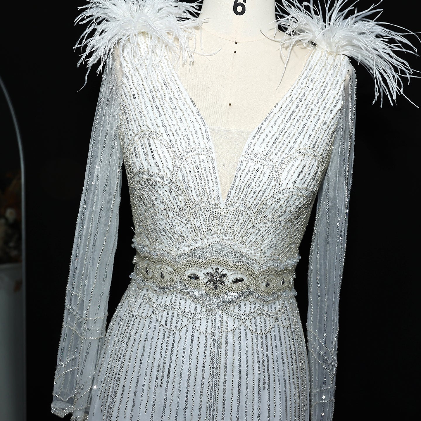 Luxury Feathers Lilac Long Sleeves Evening Dress SS018