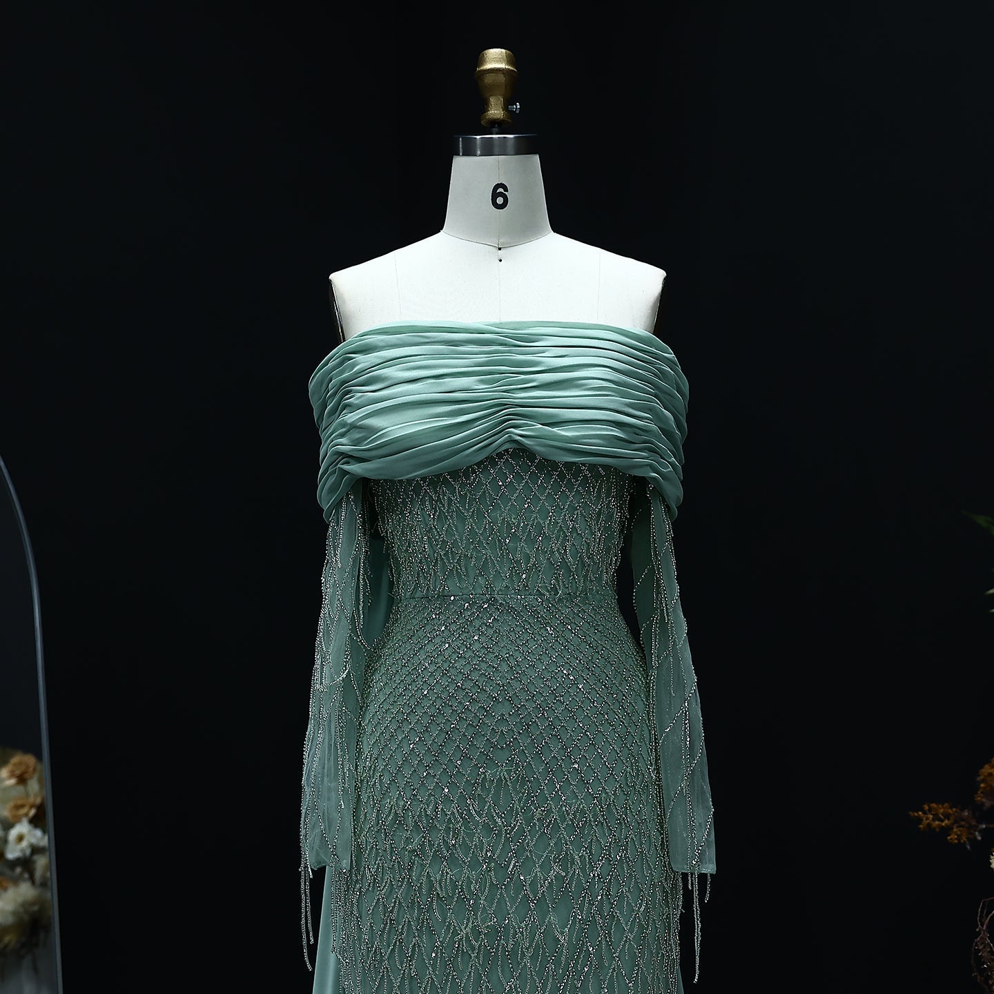 Luxury Tassel Lilac Off Shoulder Evening Dress with Cape SS708